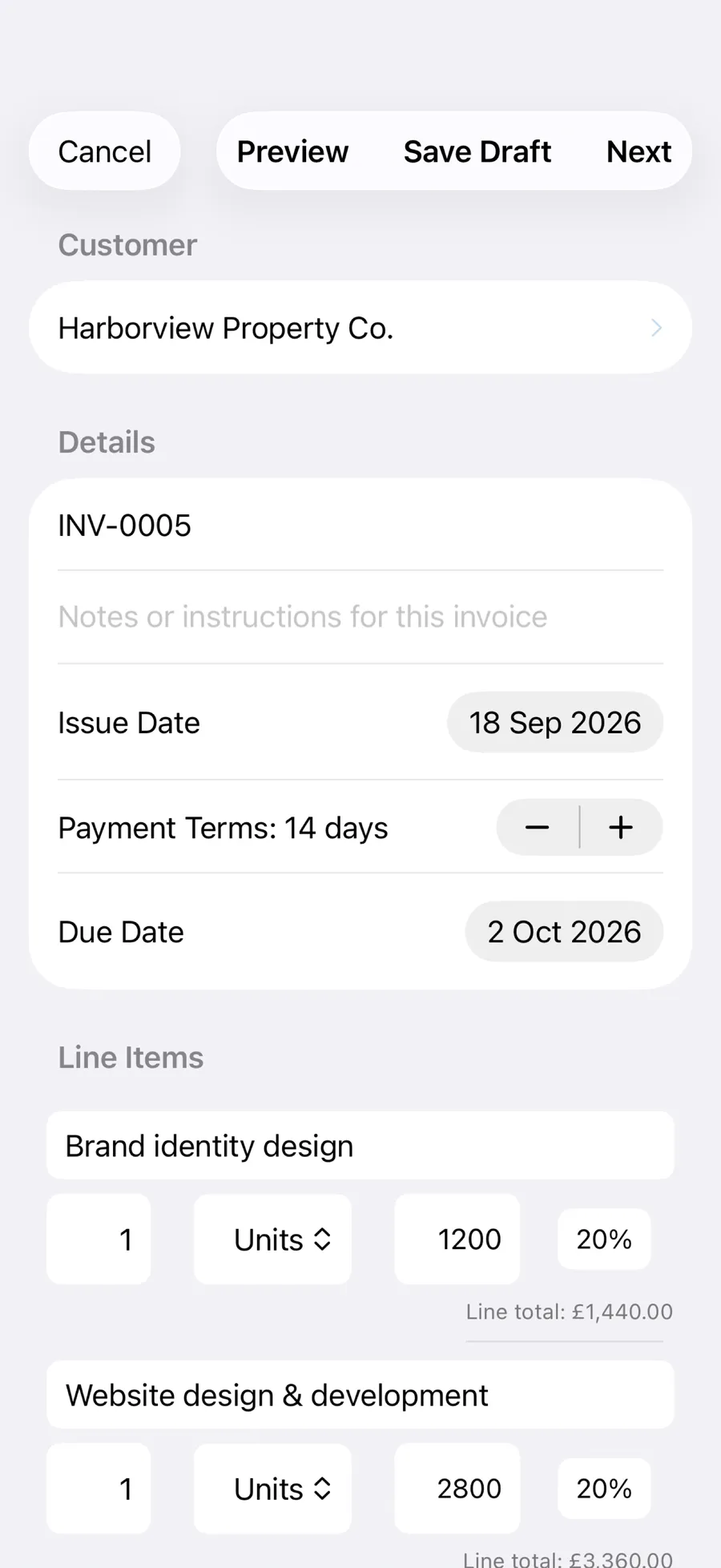 Creating an invoice in OFSYRA Invoice, with a customer selected, line items, quantities, and VAT rates