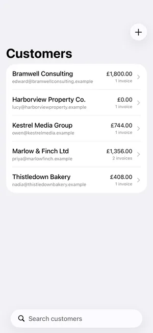 The same customer list in OFSYRA Invoice on iPhone