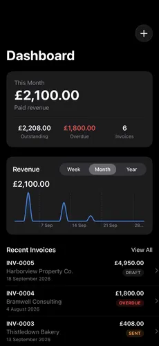 The OFSYRA Invoice dashboard on iPhone in Dark Mode