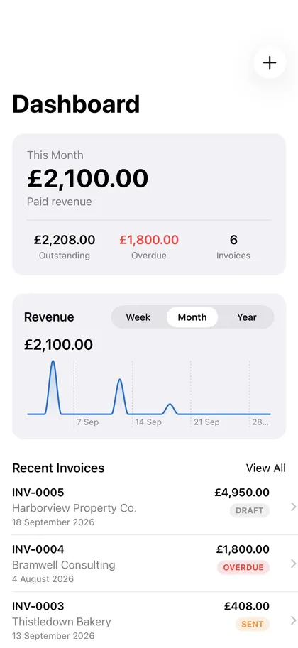 The OFSYRA Invoice dashboard on iPhone