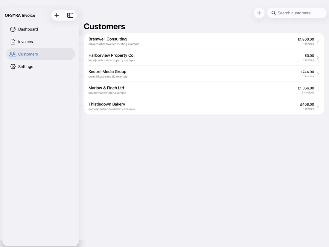 The customer list in OFSYRA Invoice on iPad, with the sidebar showing Dashboard, Invoices, Customers, and Settings alongside contact details, invoice counts, and totals invoiced
