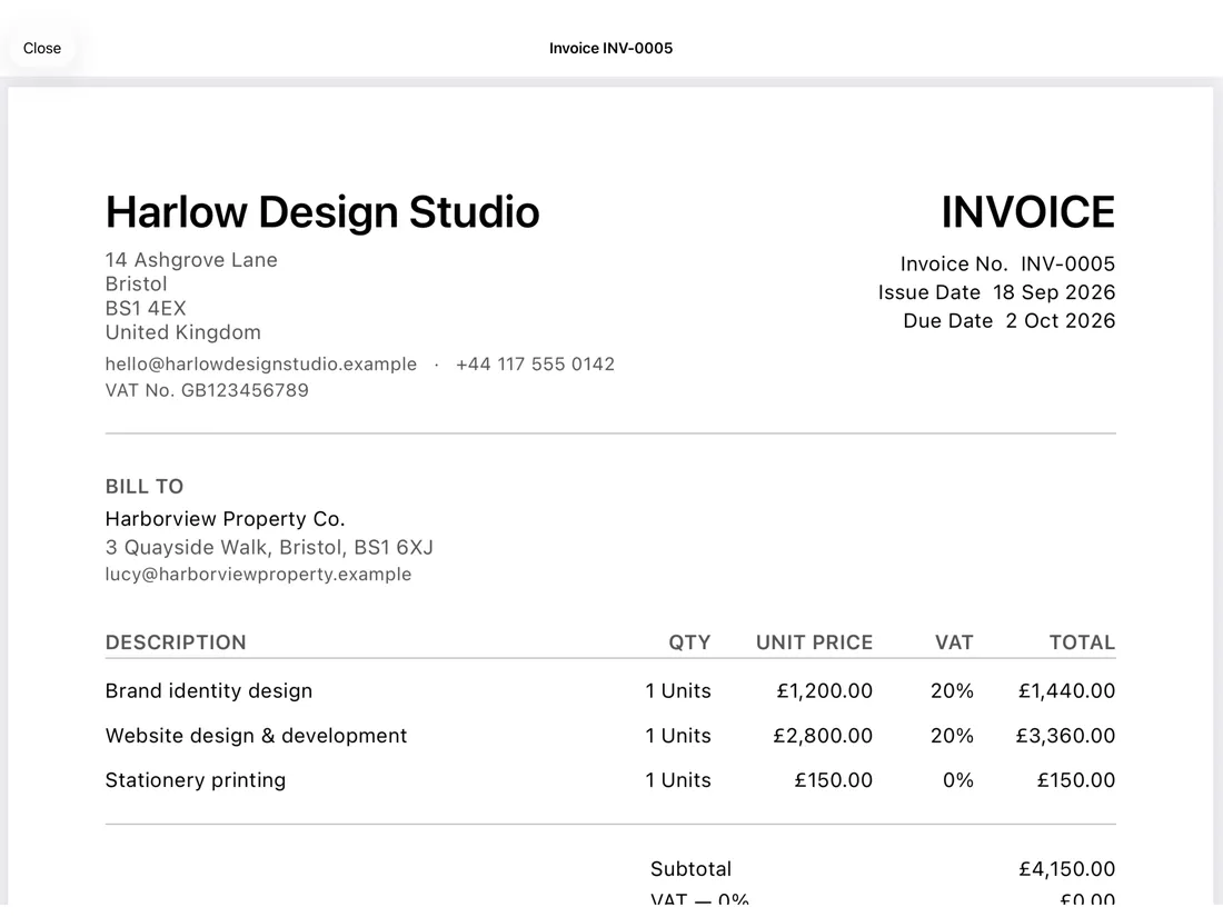A finished OFSYRA Invoice PDF shown on iPad, with business and customer details, a line-item breakdown, VAT by rate, and payment details