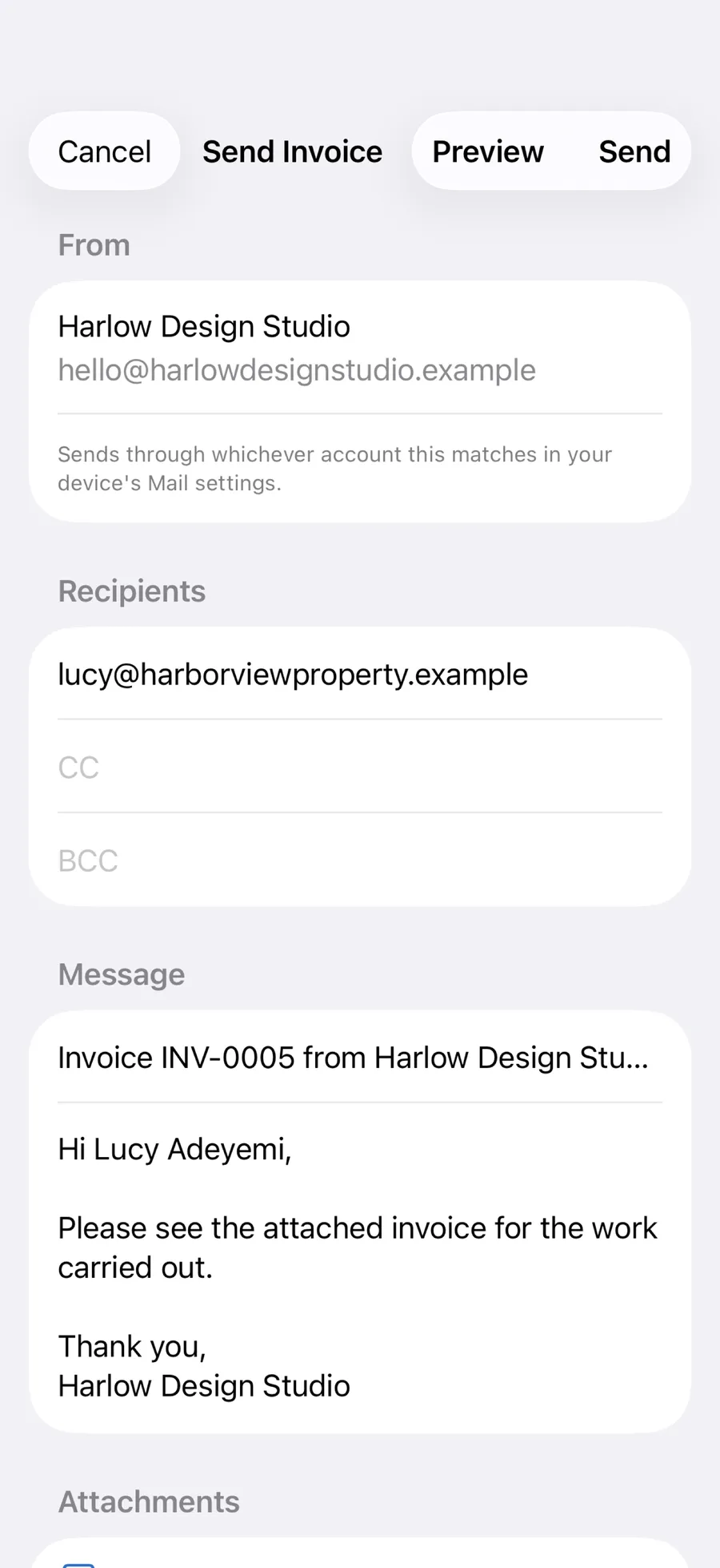 Sending an invoice in OFSYRA Invoice, with the recipient, a pre-filled message, and attachments