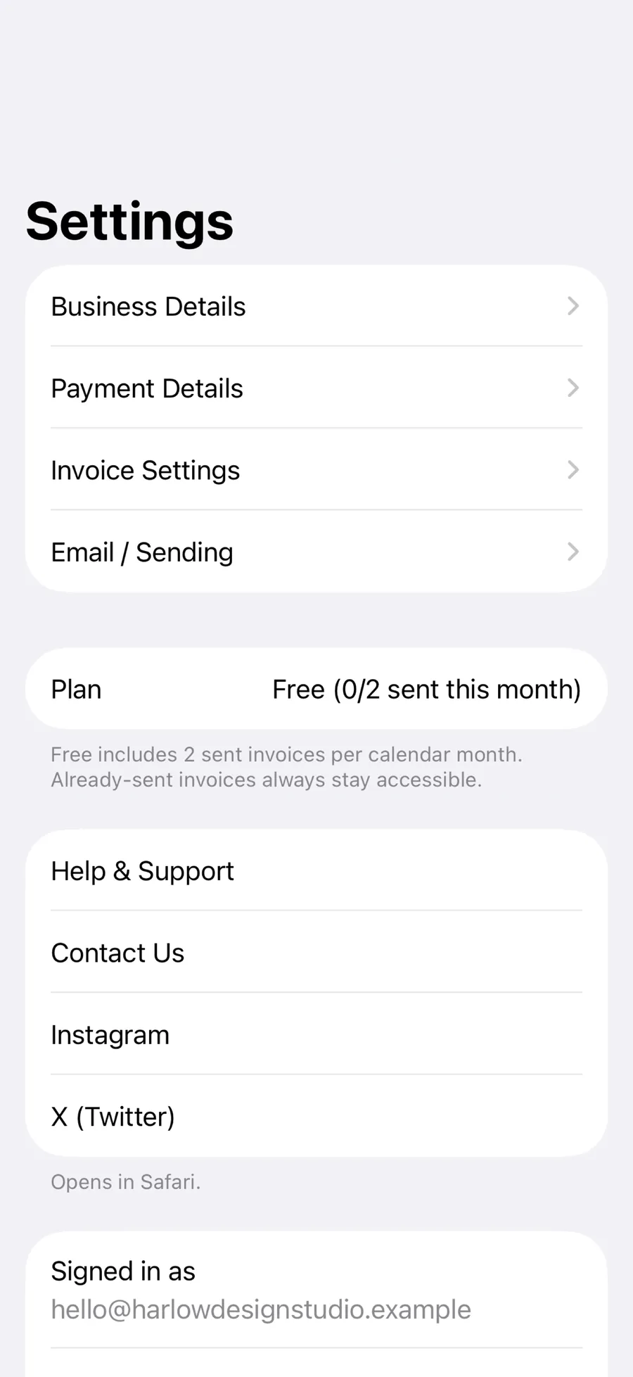 The OFSYRA Invoice Settings screen, showing business settings, Plan, Help & Support, Contact, and account controls